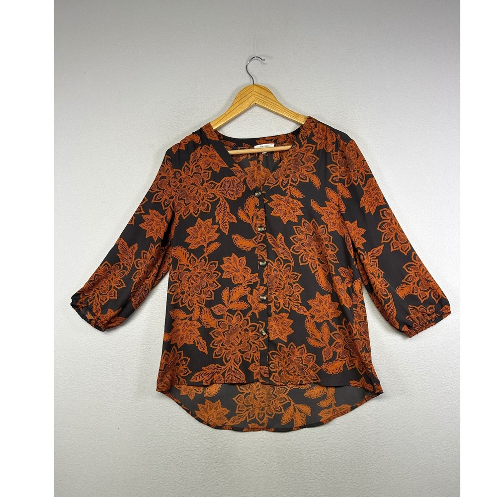 Boho Autumn Maurices Women Size M Grey Orange Floral Button Up 3/4 Sleeve Blouse